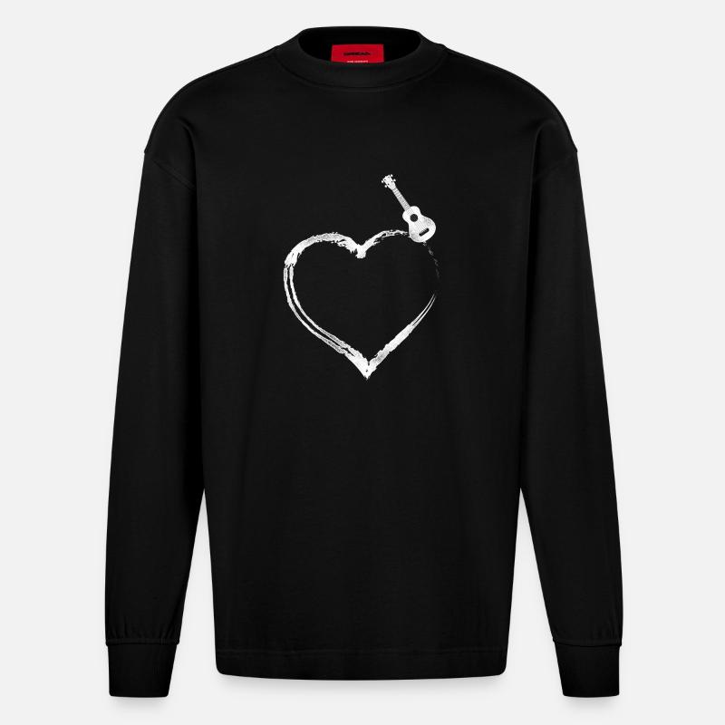 Hawaiian Ukulele Uke Heart - Heavyweight Oversized Organic Langarmshirt Made in EU - SOLID BLACK