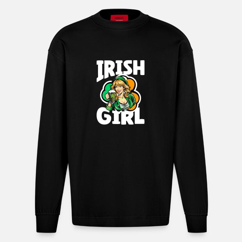 Fille irlandaise avec trèfle vert - Manches longues bio épais oversize fabriqué en UE - SOLID BLACK