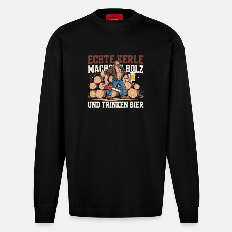 Echte Kerle Holz und Bier Kraft - Heavyweight Oversized Organic Langarmshirt Made in EU - SOLID BLACK