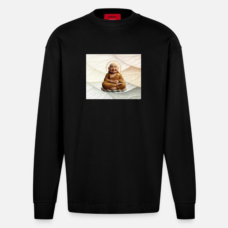 Buddha auf Blattmuster - Heavyweight Oversized Organic Langarmshirt Made in EU - SOLID BLACK
