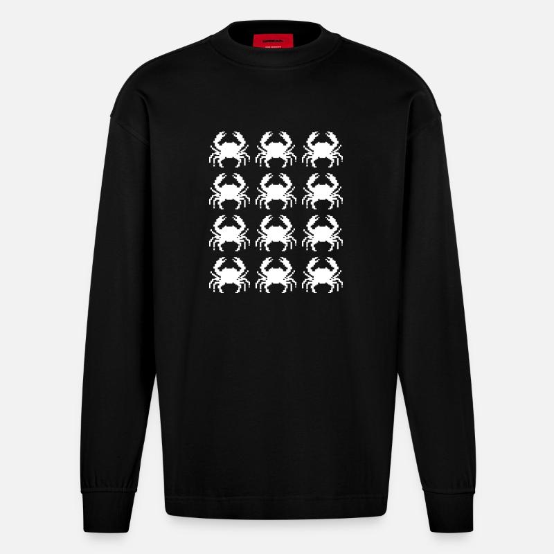 Crab Pixel Pattern Repeat - Heavyweight Oversized Organic Longsleeve Shirt Made in EU - SOLID BLACK