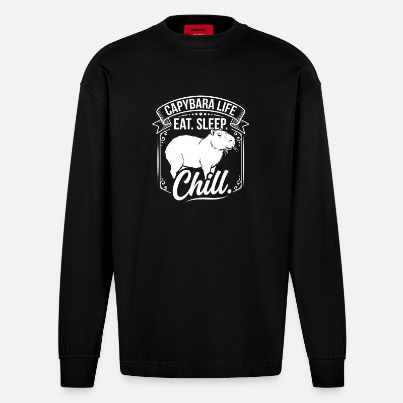 Capybara Life: Eat Sleep Chill - Heavyweight Oversized Organic Langarmshirt Made in EU - SOLID BLACK