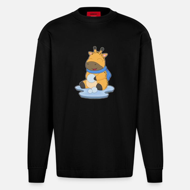 Giraffe Schneeball - Heavyweight Oversized Organic Langarmshirt Made in EU - SOLID BLACK