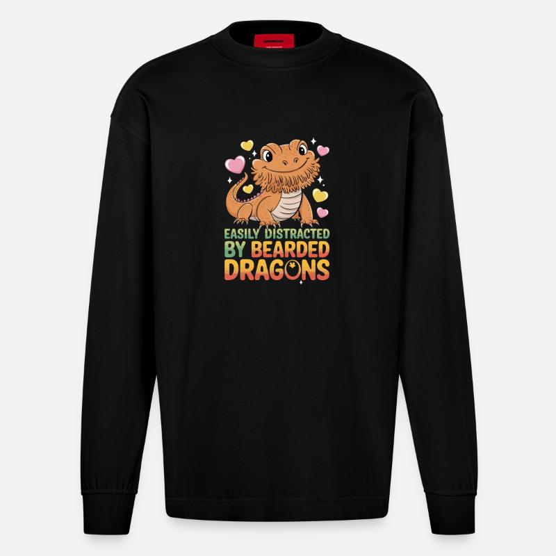  Easily Distracted By Bearded Dragons Lustiger - Heavyweight Oversized Organic Langarmshirt Made in EU - SOLID BLACK