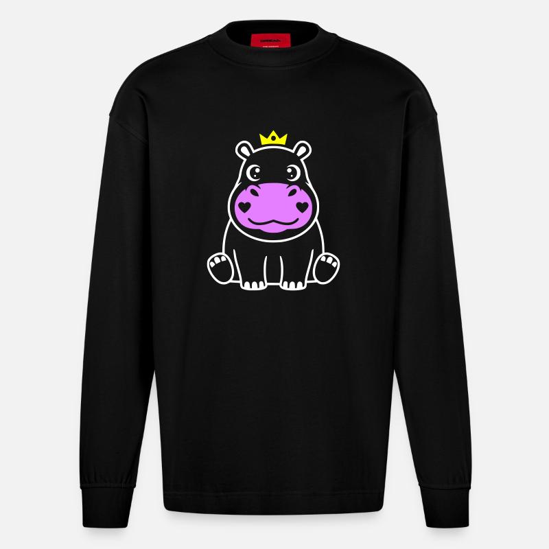 Nilpferd mit Krone Prinz Prinzessin - Heavyweight Oversized Organic Langarmshirt Made in EU - SOLID BLACK