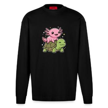 Axolotl und Schildkröte - Heavyweight Oversized Organic Langarmshirt Made in EU - SOLID BLACK - Vorne