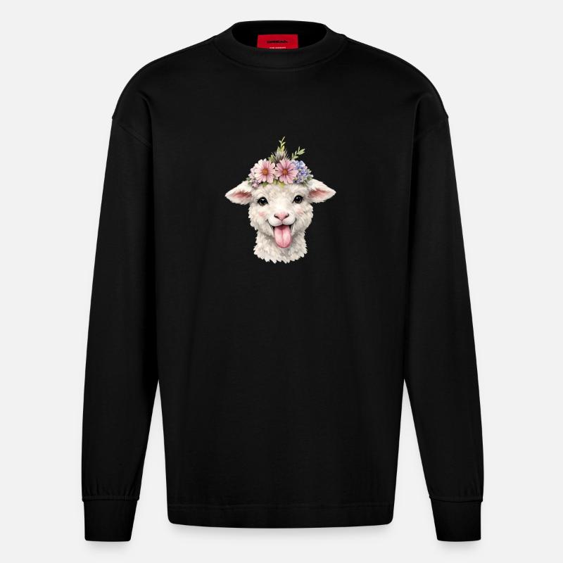 Couronne de fleurs de mouton joyeuse - Manches longues bio épais oversize fabriqué en UE - SOLID BLACK