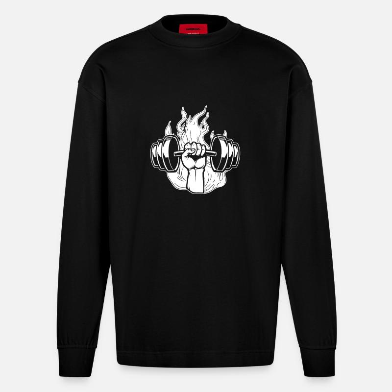 Powerlifting Bodybuilder Fire Dumbbell - Heavyweight Oversized Organic Langarmshirt Made in EU - SOLID BLACK