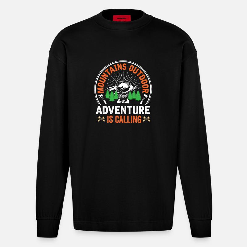 Mountains - Adventure is Calling - Heavyweight Oversized Organic Longsleeve Shirt Made in EU - SOLID BLACK