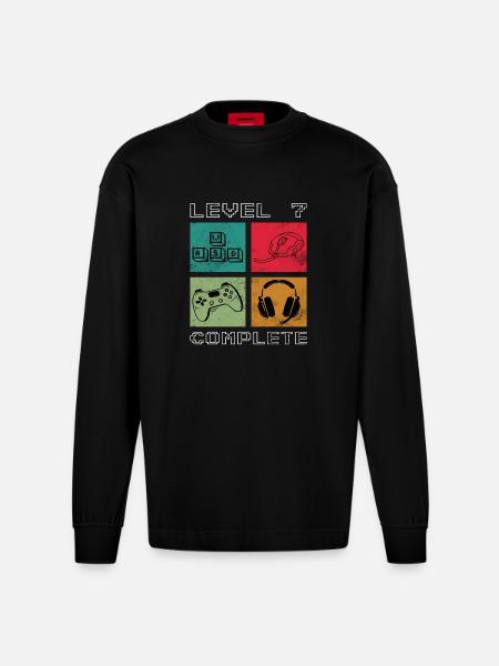 Birthday Gamer Level 7 Years Unlocked - Heavyweight Oversized Organic Longsleeve Shirt Made in EU - SOLID BLACK