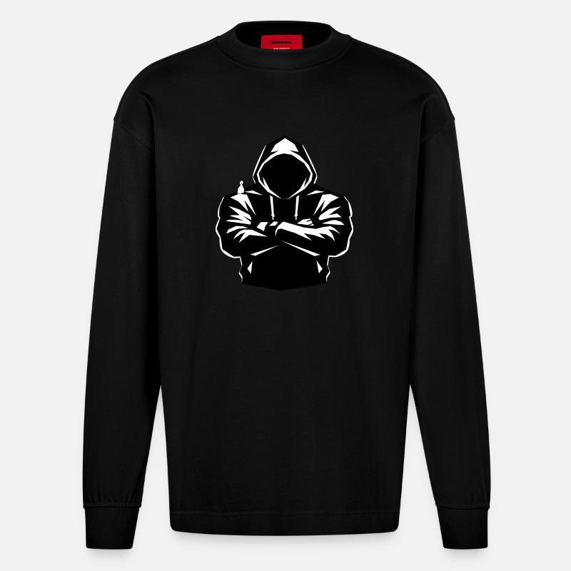 Kapuzenpulli-Figur und Vogel - Heavyweight Oversized Organic Langarmshirt Made in EU - SOLID BLACK