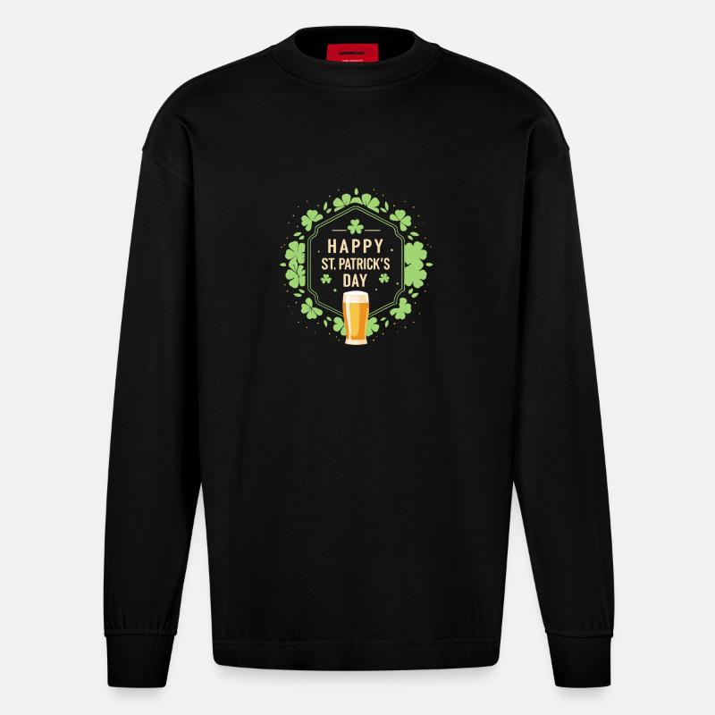 St. Patrick's Day Bier & Kleeblatt - Heavyweight Oversized Organic Langarmshirt Made in EU - SOLID BLACK
