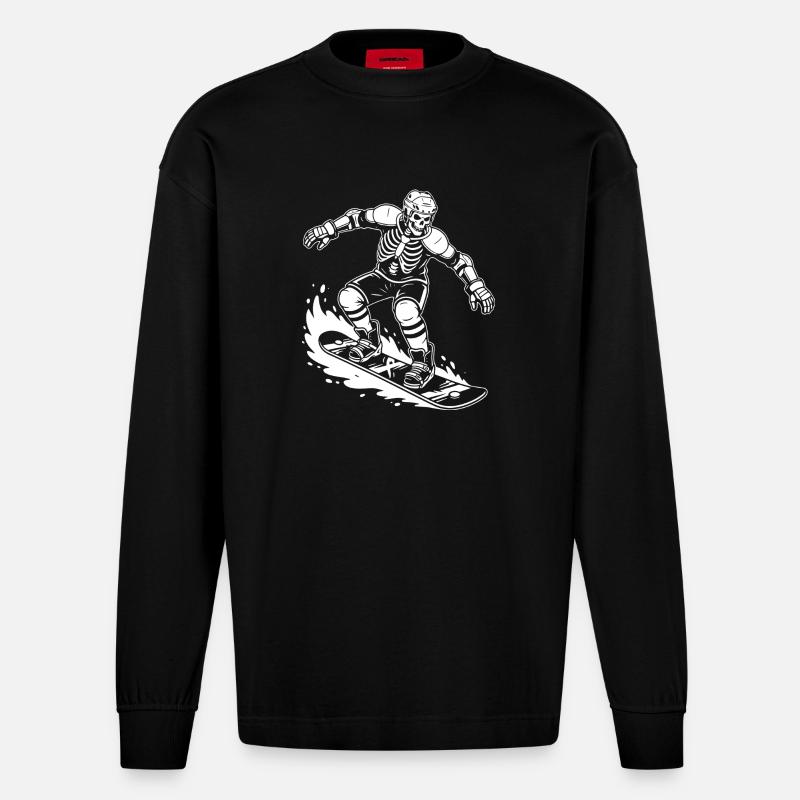 Skeleton auf Snowboard Wave Rider - Heavyweight Oversized Organic Langarmshirt Made in EU - SOLID BLACK