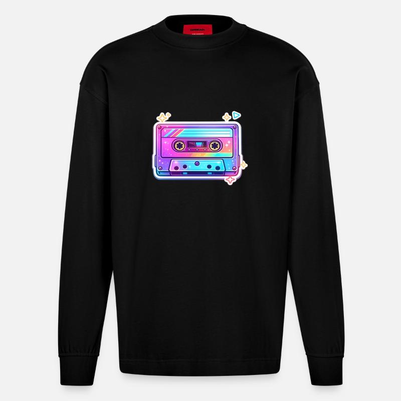 Neon Regenbogen Kassette Sticker - Heavyweight Oversized Organic Langarmshirt Made in EU - SOLID BLACK