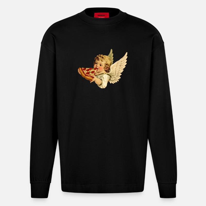 Pizza Cherub – Ängel med pepperoni - Heavyweight Oversized Organic Longsleeve Made in EU - SOLID BLACK