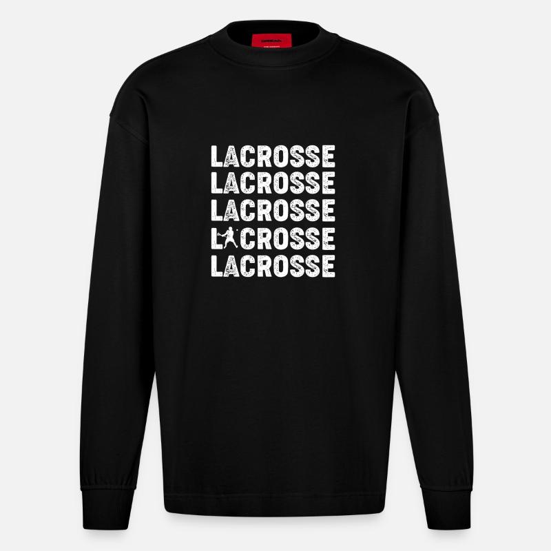 Lacrosse Repeated Text Bold Design - Heavyweight Oversized Organic Longsleeve Shirt Made in EU - SOLID BLACK