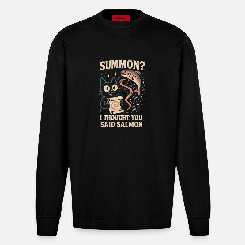 Invoquer du saumon ? | Chat Flippant Mignon - Manches longues bio épais oversize fabriqué en UE - SOLID BLACK