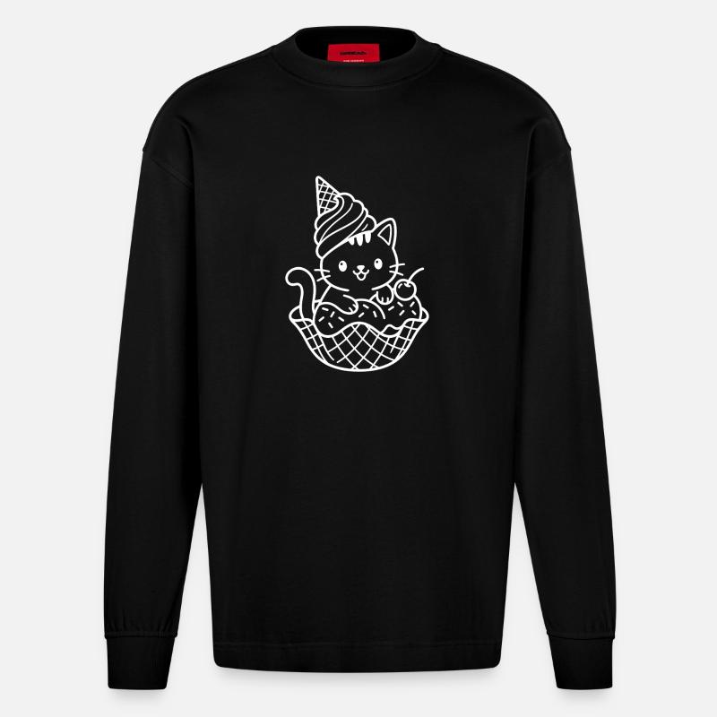 Kawaii Katze Eiscreme - Heavyweight Oversized Organic Langarmshirt Made in EU - SOLID BLACK