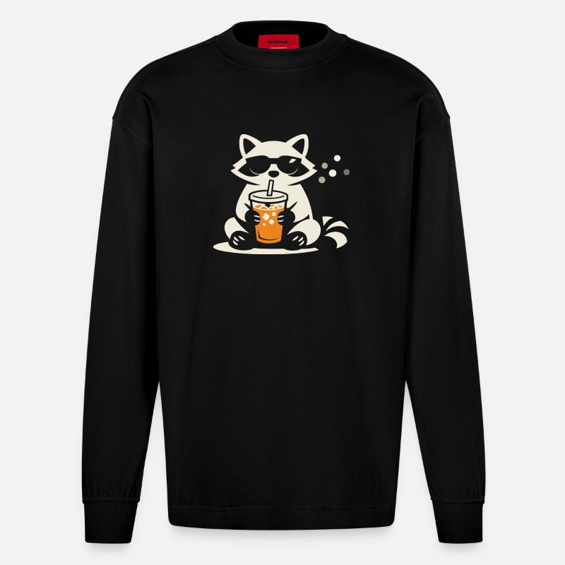 Waschbär Eiskaffee Lustig Geschenk Sommer - Heavyweight Oversized Organic Langarmshirt Made in EU - SOLID BLACK