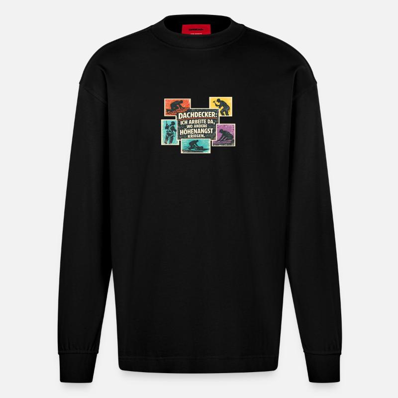Dachdecker Spruch Retro Collage - Heavyweight Oversized Organic Langarmshirt Made in EU - SOLID BLACK