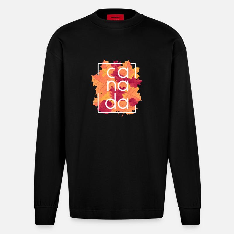 Canada Autumn Maple Leaves Design - Heavyweight Oversized Organic Langarmshirt Made in EU - SOLID BLACK
