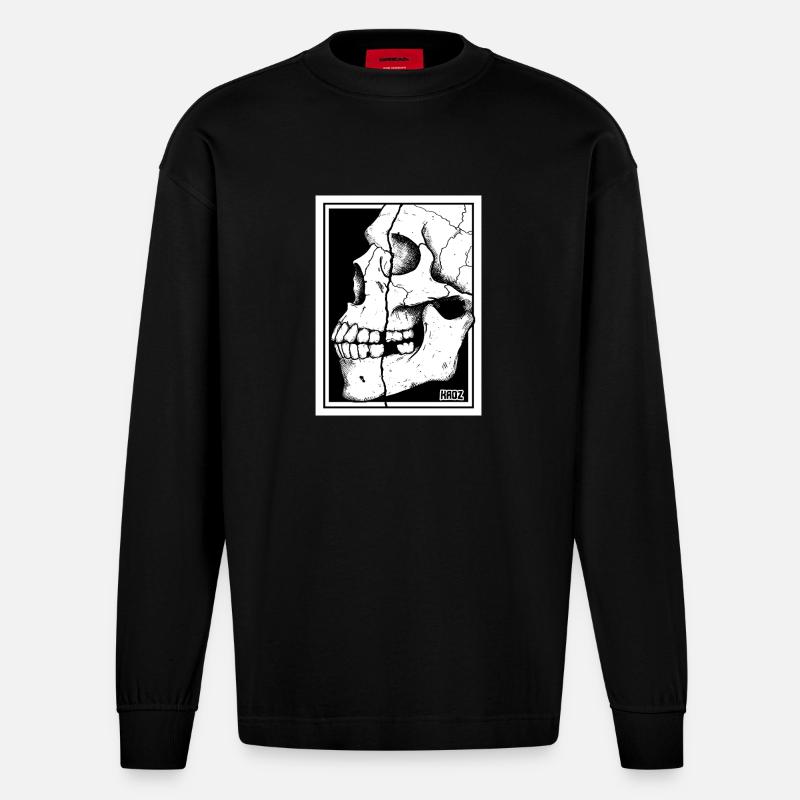 Portrait du crâne brisé - Manches longues bio épais oversize fabriqué en UE - SOLID BLACK