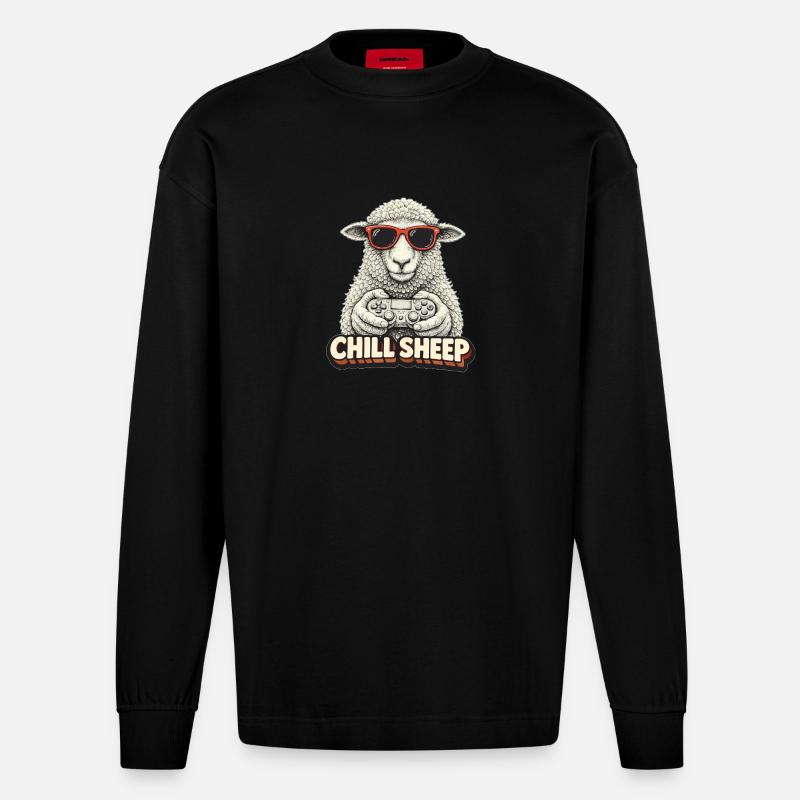 Chill Sheep mit Controller - Heavyweight Oversized Organic Langarmshirt Made in EU - SOLID BLACK