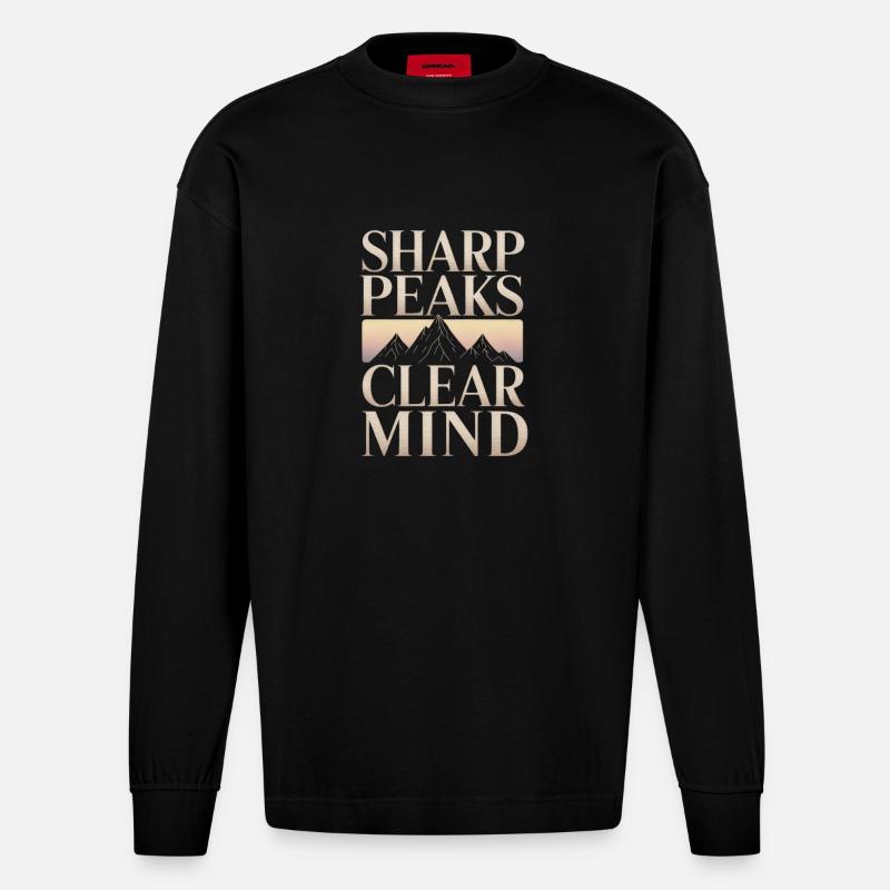 Sharp Peaks Clear Mind Mountain Design - Heavyweight Oversized Organic Langarmshirt Made in EU - SOLID BLACK