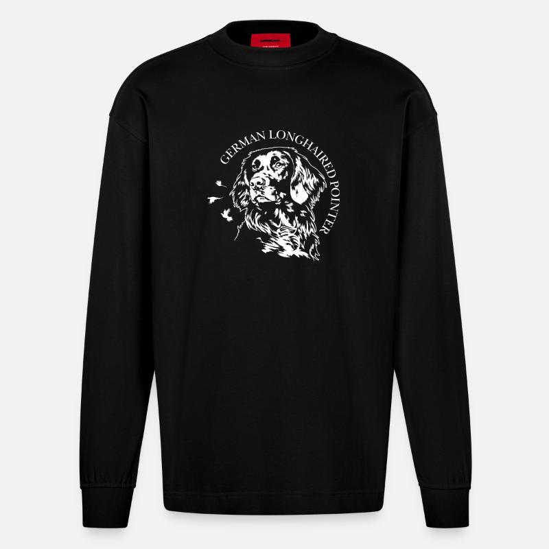 German Longhaired Pointer Jagdhunde Hunde Wilsigns - Heavyweight Oversized Organic Langarmshirt Made in EU - SOLID BLACK
