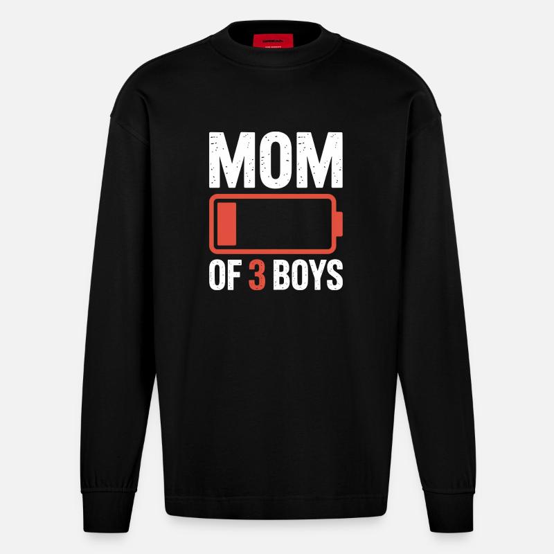 Maman de 3 garçons Batterie faible - Manches longues bio épais oversize fabriqué en UE - SOLID BLACK