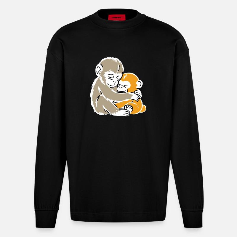 Monkey Hug Duo Illustration - Heavyweight Oversized Organic Langarmshirt Made in EU - SOLID BLACK