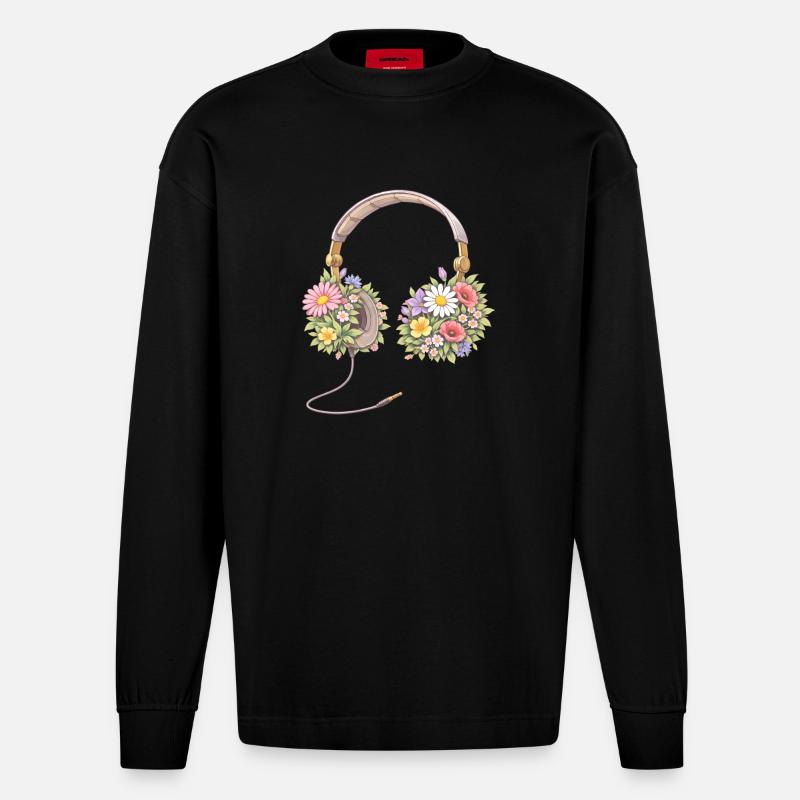 Casque avec illustration de fleurs - Manches longues bio épais oversize fabriqué en UE - SOLID BLACK