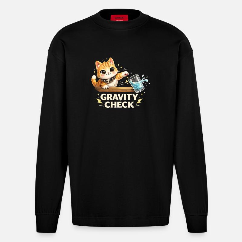 Gravity Check Katze lustiger Spruch - Heavyweight Oversized Organic Langarmshirt Made in EU - SOLID BLACK