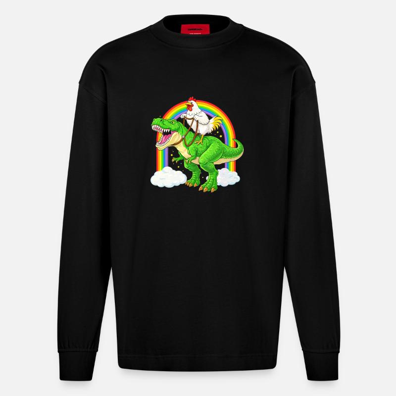 Huhn Reitender T-Rex Dinosaurier Regenbogen - Heavyweight Oversized Organic Langarmshirt Made in EU - SOLID BLACK