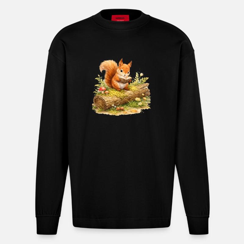 Eichhörnchen liest Buch Illustration  - Heavyweight Oversized Organic Langarmshirt Made in EU - SOLID BLACK