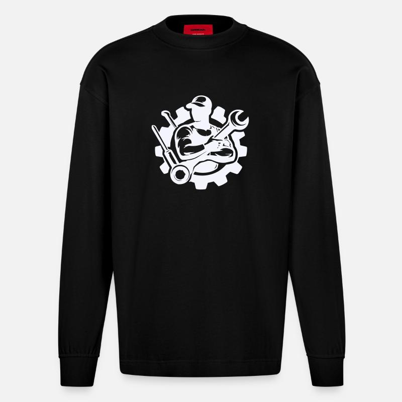 Schrauberkraft im Zahnrad-Design - Heavyweight Oversized Organic Langarmshirt Made in EU - SOLID BLACK