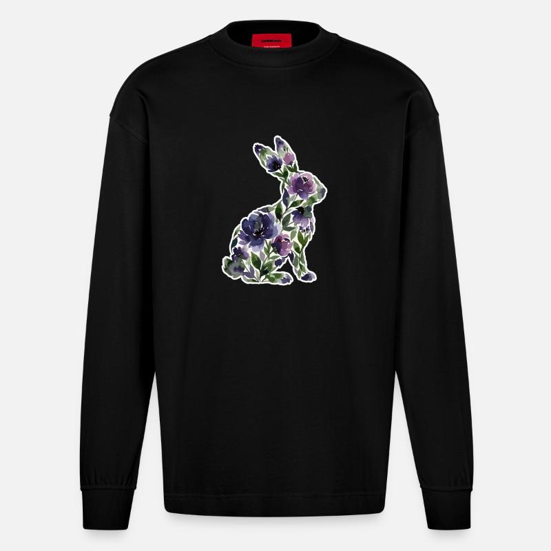 Fleurs en forme de lapin - Manches longues bio épais oversize fabriqué en UE - SOLID BLACK
