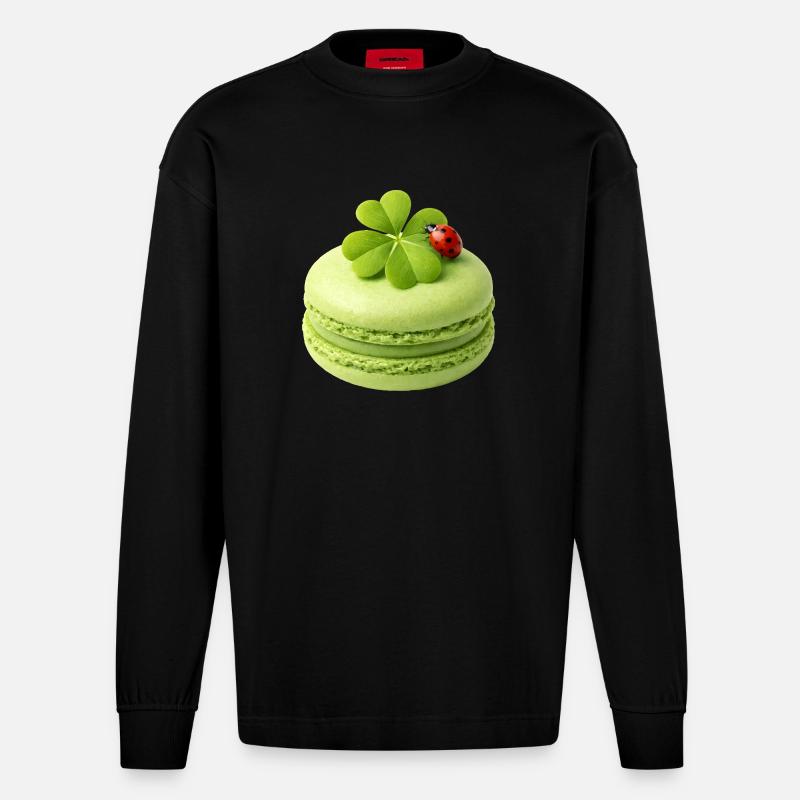 Macaron vert avec trèfle porte-bonheur - Manches longues bio épais oversize fabriqué en UE - SOLID BLACK