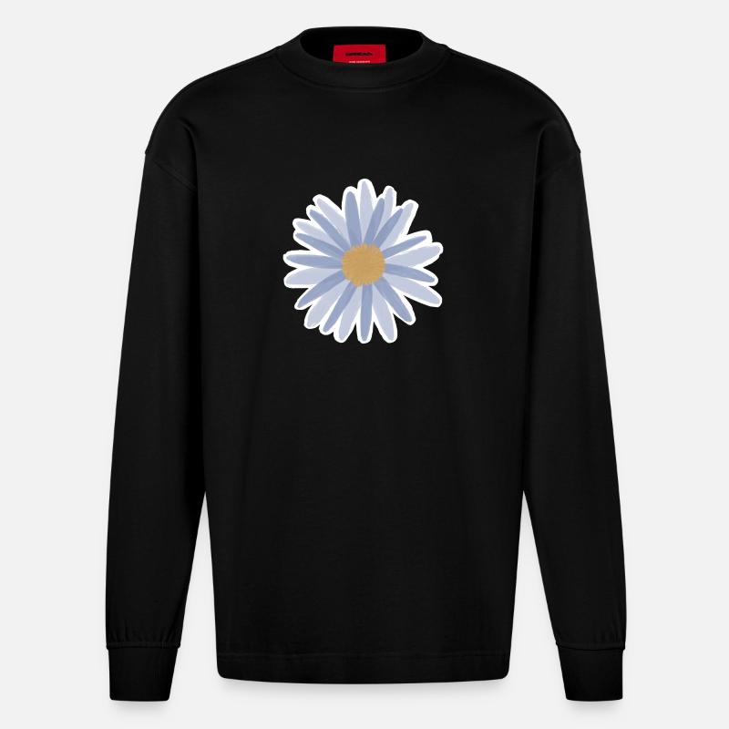 Blue Daisy Bloom Tee - Heavyweight Oversized Organic Langarmshirt Made in EU - SOLID BLACK
