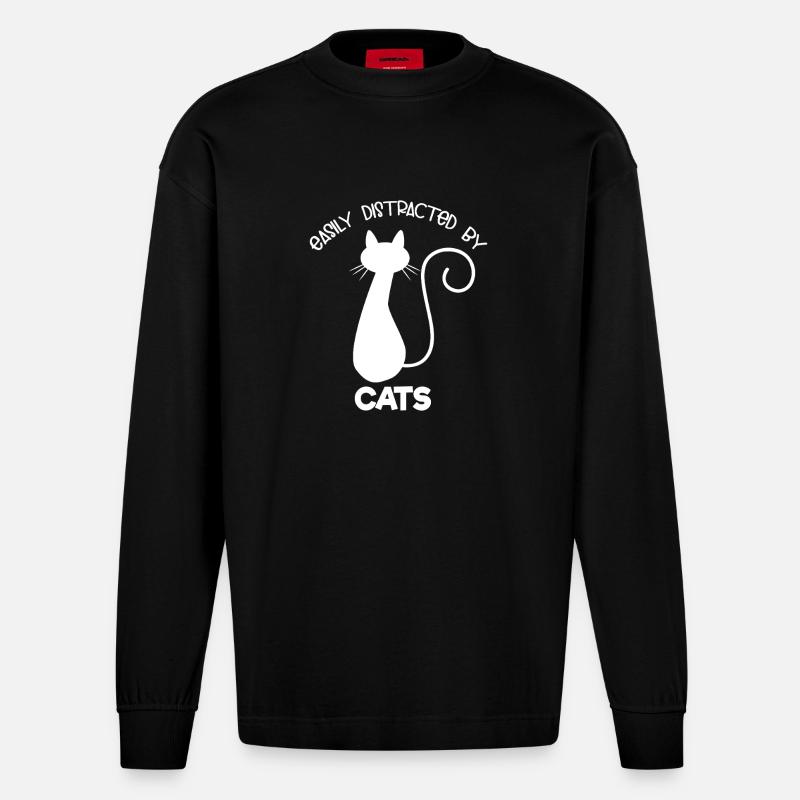 Facilement distrait par les chats - Manches longues bio épais oversize fabriqué en UE - SOLID BLACK