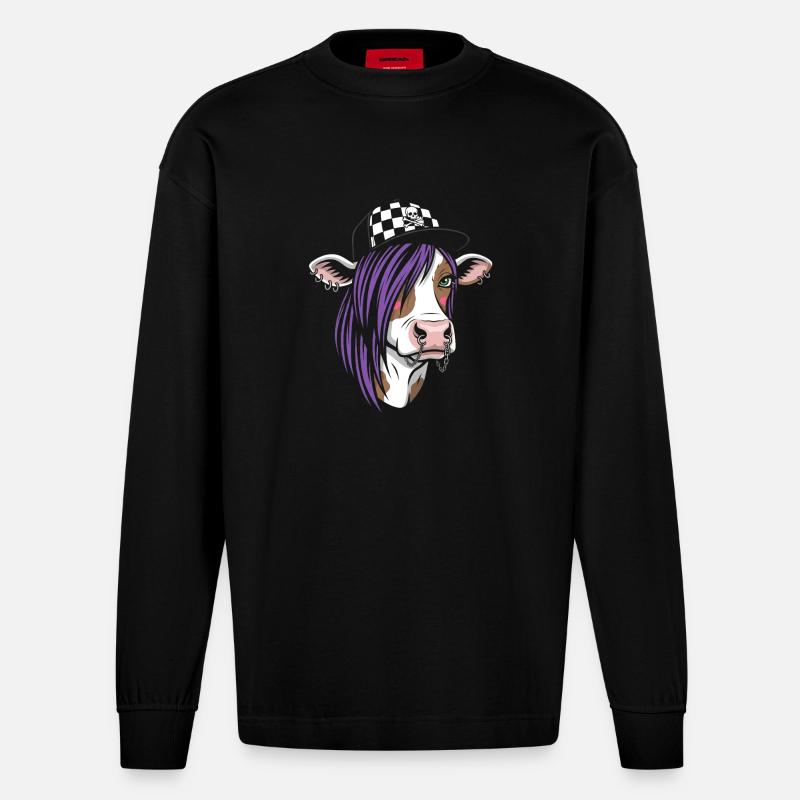 Punk Kuh mit Lila Haar - Heavyweight Oversized Organic Langarmshirt Made in EU - SOLID BLACK