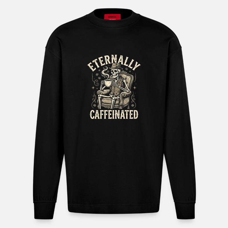 Eternally Caffeinated - Retro Coffee Skeleton - Heavyweight Oversized Organic Longsleeve Shirt Made in EU - SOLID BLACK
