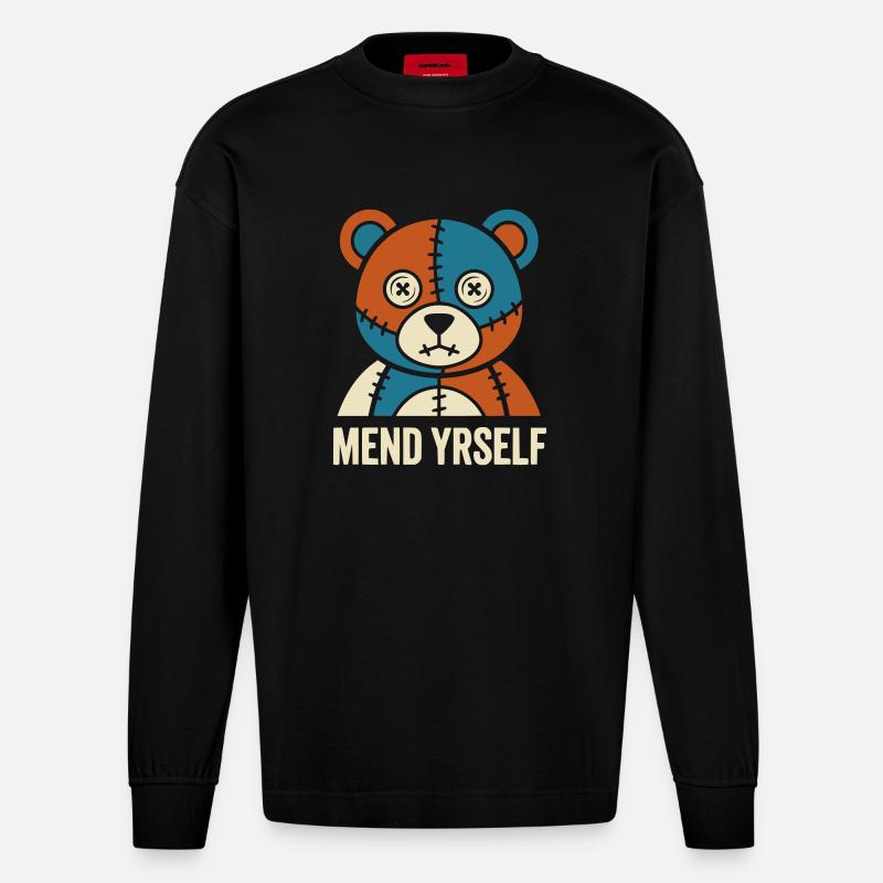 Patchwork Bear: Stitches & Contrast - Heavyweight Oversized Organic Longsleeve Shirt Made in EU - SOLID BLACK