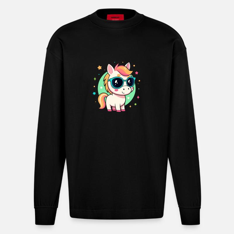 Regenbogenpony mit Brille - Heavyweight Oversized Organic Langarmshirt Made in EU - SOLID BLACK
