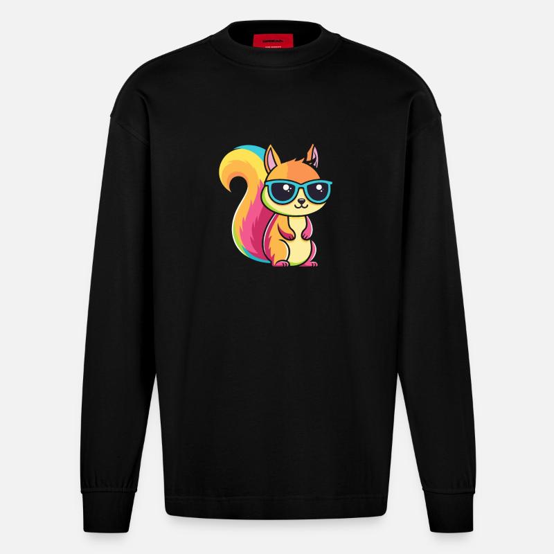 Regenbogen-Eichhörnchen mit Brille - Heavyweight Oversized Organic Langarmshirt Made in EU - SOLID BLACK