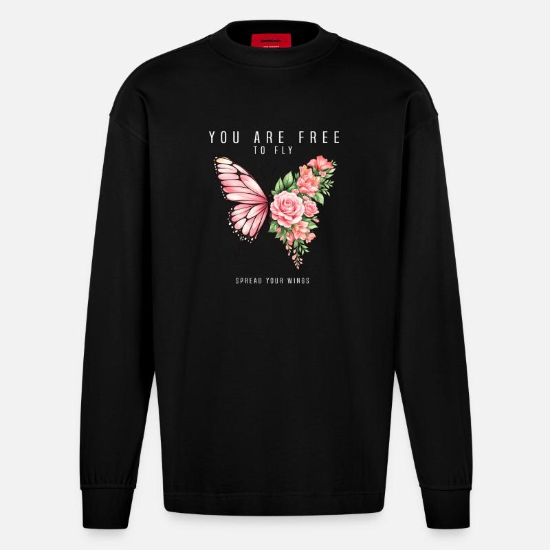 Graphique inspirant de fan papillon - Manches longues bio épais oversize fabriqué en UE - SOLID BLACK