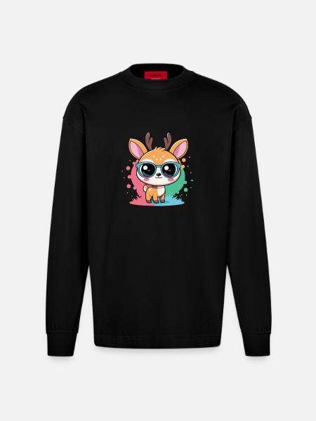 Adorable Deer Blue Glasses - Heavyweight Oversized Organic Longsleeve Shirt Made in EU - SOLID BLACK