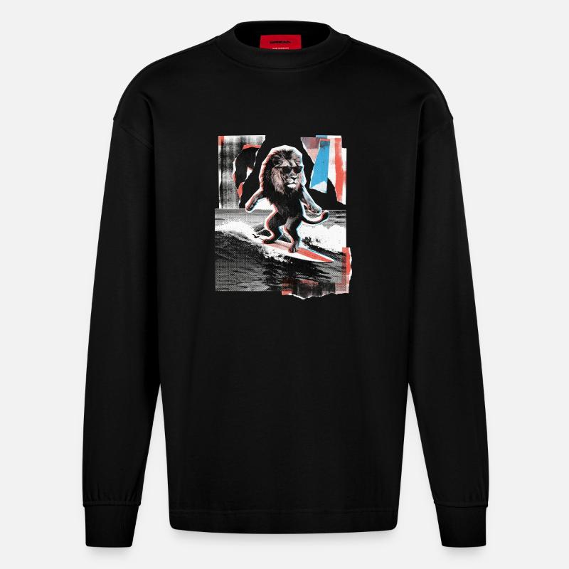 Surfer Löwe - Heavyweight Oversized Organic Langarmshirt Made in EU - SOLID BLACK