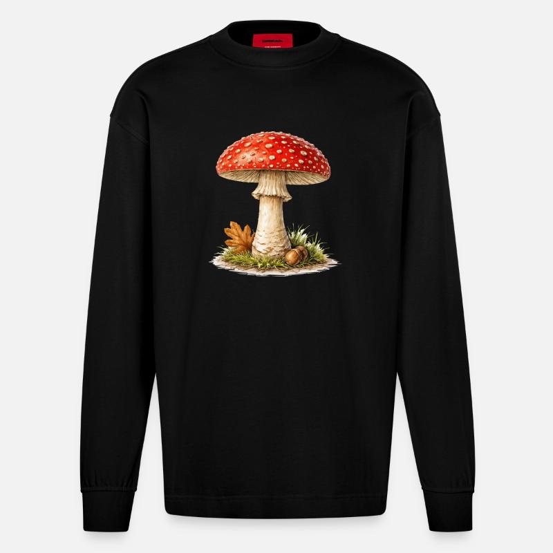 Rêve d’automne de champignon - Manches longues bio épais oversize fabriqué en UE - SOLID BLACK