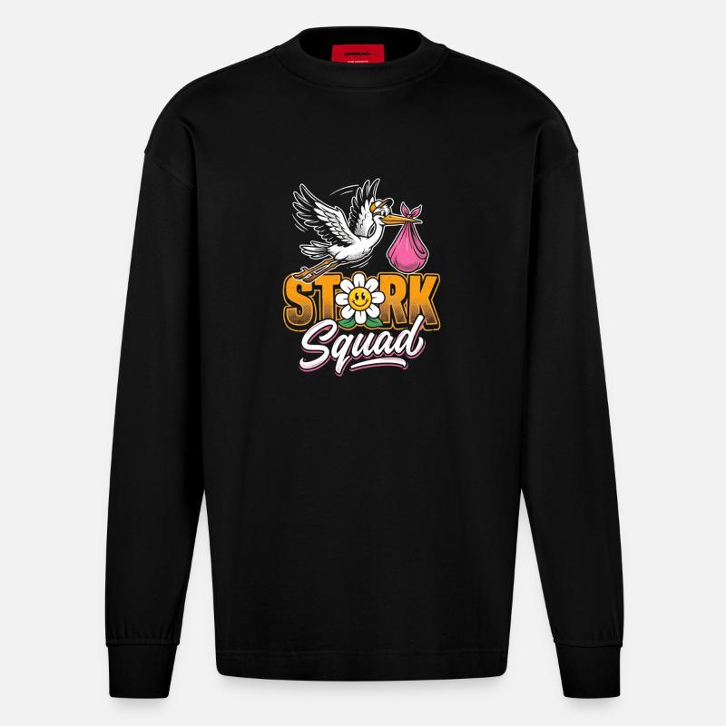 Stork Squad: Merry Stork - Heavyweight Oversized Organic Longsleeve Shirt Made in EU - SOLID BLACK